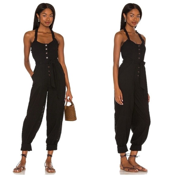 MAJORELLE Amanda Eyelet Halter Jumpsuit In Black - Picture 1 of 4